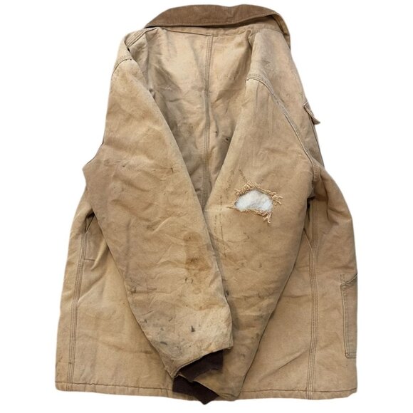 Carhartt Torn Faded Ripped Insulated Work Jacket Canvas Heavy-Duty Outerwear - Picture 6 of 13